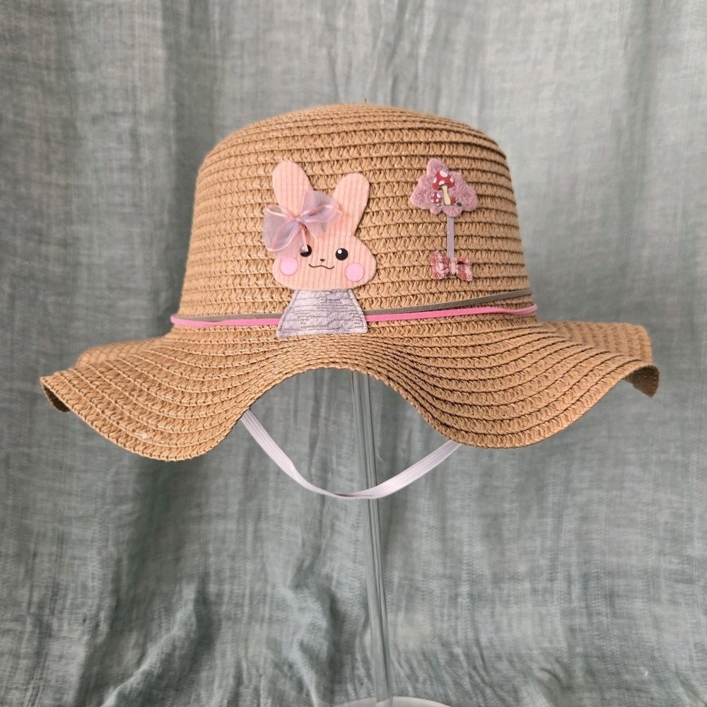 Girl's Tan Straw Floppy Brim Sun Hat Easter Spring Light Airy Chin Strap‎
